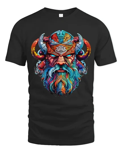 Viking Warrior God Norse Mythology Colorful Art Graphic Tee - black t-shirt on white background