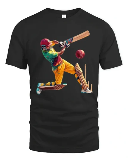 Epic Cricket Power Shot Action Illustration Sports Graphic Tee - black t-shirt on white background