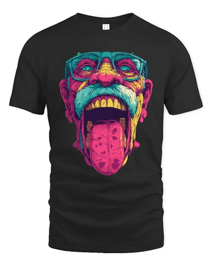Trippy Wild Face Pop Art Graphic Tee With Bold Neon Energy - black t-shirt on white background