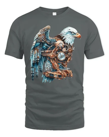 Steampunk Mechanical Eagle Art Graphic Tee Shirt Design - gray t-shirt on white background