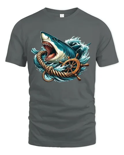 Fierce Ocean Shark Wheel Graphic Tee With Nautical Power - gray t-shirt on white background