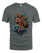 Mythic Monkey King Dragon Battle Graphic Tee With Legendary Power - gray t-shirt on white background