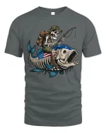 Skeleton Fishing Riding Giant Fish Graphic Tee With Dark Humor - gray t-shirt on white background