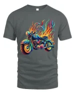Flaming Neon Motorcycle Graphic Tee With Psychedelic Street Art - gray t-shirt on white background