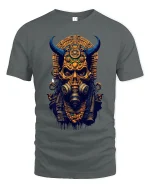 Dark Tribal Demon Skull Graphic Tee With Ancient Cyber Energy - gray t-shirt on white background
