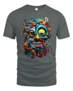 Colorful Abstract Face Graphic Tee With Bold Urban Art Energy - gray t-shirt on white background