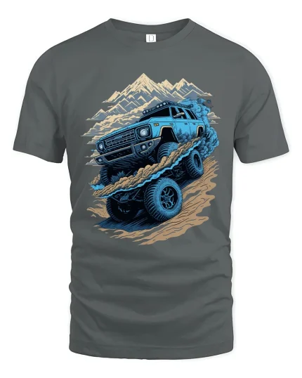 Off Road Mountain Adventure Truck Graphic Tee Shirt Design - gray t-shirt on white background