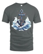 Nautical Anchor Graphic Tee With Ocean Waves And Timeless Sea Power - gray t-shirt on white background