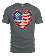 American Flag Heart Graphic Tee With Patriotic Love Style - gray t-shirt on white background