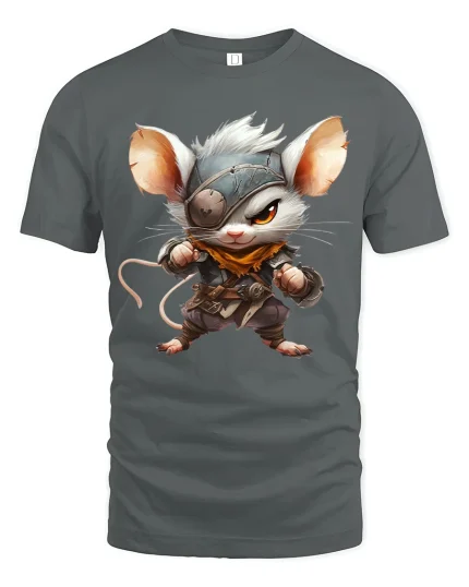 Cute Warrior Mouse Fantasy Character Art Graphic Tee Shirt - gray t-shirt on white background
