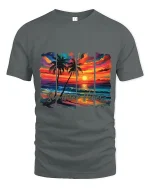 Summer Vibes Tropical Sunset Beach Art Graphic Tee Shirt - gray t-shirt on white background