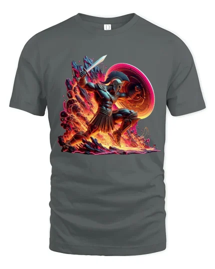 Spartan Warrior Fire Battle Epic Greek Mythology Art Tee - gray t-shirt on white background