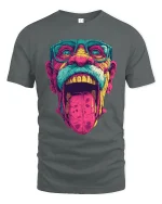 Trippy Wild Face Pop Art Graphic Tee With Bold Neon Energy - gray t-shirt on white background