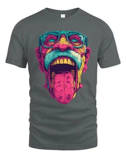 Trippy Wild Face Pop Art Graphic Tee With Bold Neon Energy - gray t-shirt on white background