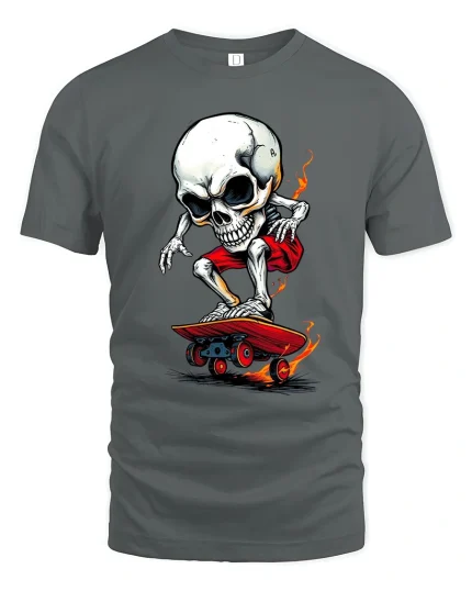 Flaming Skull Skater Graphic Tee With Hardcore Street Attitude - gray t-shirt on white background