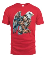 Steampunk Mechanical Eagle Art Graphic Tee Shirt Design - red t-shirt on white background