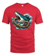 Fierce Ocean Shark Wheel Graphic Tee With Nautical Power - red t-shirt on white background