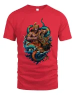 Mythic Monkey King Dragon Battle Graphic Tee With Legendary Power - red t-shirt on white background