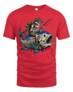 Skeleton Fishing Riding Giant Fish Graphic Tee With Dark Humor - red t-shirt on white background