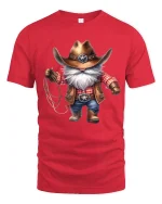 Funny Cowboy Gnome Graphic Tee With Western Charm Style - red t-shirt on white background