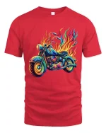 Flaming Neon Motorcycle Graphic Tee With Psychedelic Street Art - red t-shirt on white background
