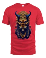 Dark Tribal Demon Skull Graphic Tee With Ancient Cyber Energy - red t-shirt on white background