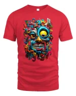 Colorful Abstract Face Graphic Tee With Bold Urban Art Energy - red t-shirt on white background