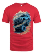 Off Road Mountain Adventure Truck Graphic Tee Shirt Design - red t-shirt on white background