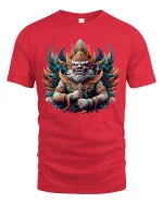Mythic Guardian Deity Graphic Tee With Powerful Fantasy Art Style - red t-shirt on white background