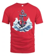 Nautical Anchor Graphic Tee With Ocean Waves And Timeless Sea Power - red t-shirt on white background