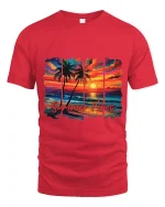 Summer Vibes Tropical Sunset Beach Art Graphic Tee Shirt - red t-shirt on white background