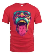 Trippy Wild Face Pop Art Graphic Tee With Bold Neon Energy - red t-shirt on white background