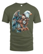 Steampunk Mechanical Eagle Art Graphic Tee Shirt Design - military green t-shirt on white background