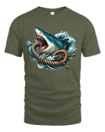 Fierce Ocean Shark Wheel Graphic Tee With Nautical Power - military green t-shirt on white background