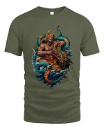 Mythic Monkey King Dragon Battle Graphic Tee With Legendary Power - military green t-shirt on white background