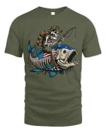 Skeleton Fishing Riding Giant Fish Graphic Tee With Dark Humor - military green t-shirt on white background