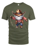 Funny Cowboy Gnome Graphic Tee With Western Charm Style - military green t-shirt on white background