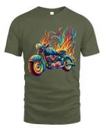 Flaming Neon Motorcycle Graphic Tee With Psychedelic Street Art - military green t-shirt on white background