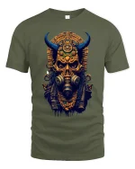 Dark Tribal Demon Skull Graphic Tee With Ancient Cyber Energy - military green t-shirt on white background