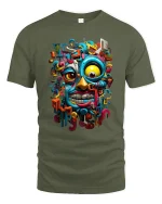Colorful Abstract Face Graphic Tee With Bold Urban Art Energy - military green t-shirt on white background