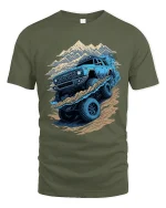 Off Road Mountain Adventure Truck Graphic Tee Shirt Design - military green t-shirt on white background