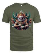 Mythic Guardian Deity Graphic Tee With Powerful Fantasy Art Style - military green t-shirt on white background