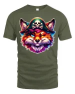 Pirate Fox Graphic Tee With Colorful Mischief And Bold Fantasy Art - military green t-shirt on white background