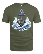 Nautical Anchor Graphic Tee With Ocean Waves And Timeless Sea Power - military green t-shirt on white background