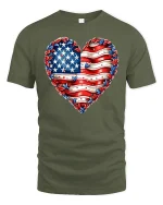 American Flag Heart Graphic Tee With Patriotic Love Style - military green t-shirt on white background