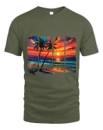 Summer Vibes Tropical Sunset Beach Art Graphic Tee Shirt - military green t-shirt on white background