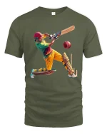 Epic Cricket Power Shot Action Illustration Sports Graphic Tee - military green t-shirt on white background