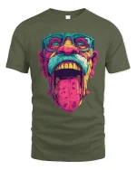Trippy Wild Face Pop Art Graphic Tee With Bold Neon Energy - military green t-shirt on white background