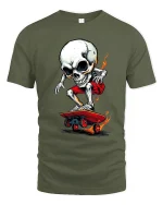 Flaming Skull Skater Graphic Tee With Hardcore Street Attitude - military green t-shirt on white background