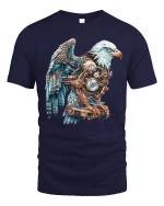 Steampunk Mechanical Eagle Art Graphic Tee Shirt Design - navy t-shirt on white background